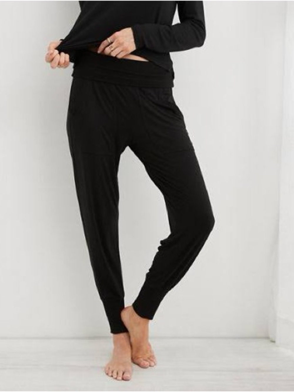 new aerie real soft ribbed fold over Black jogger pants retired item